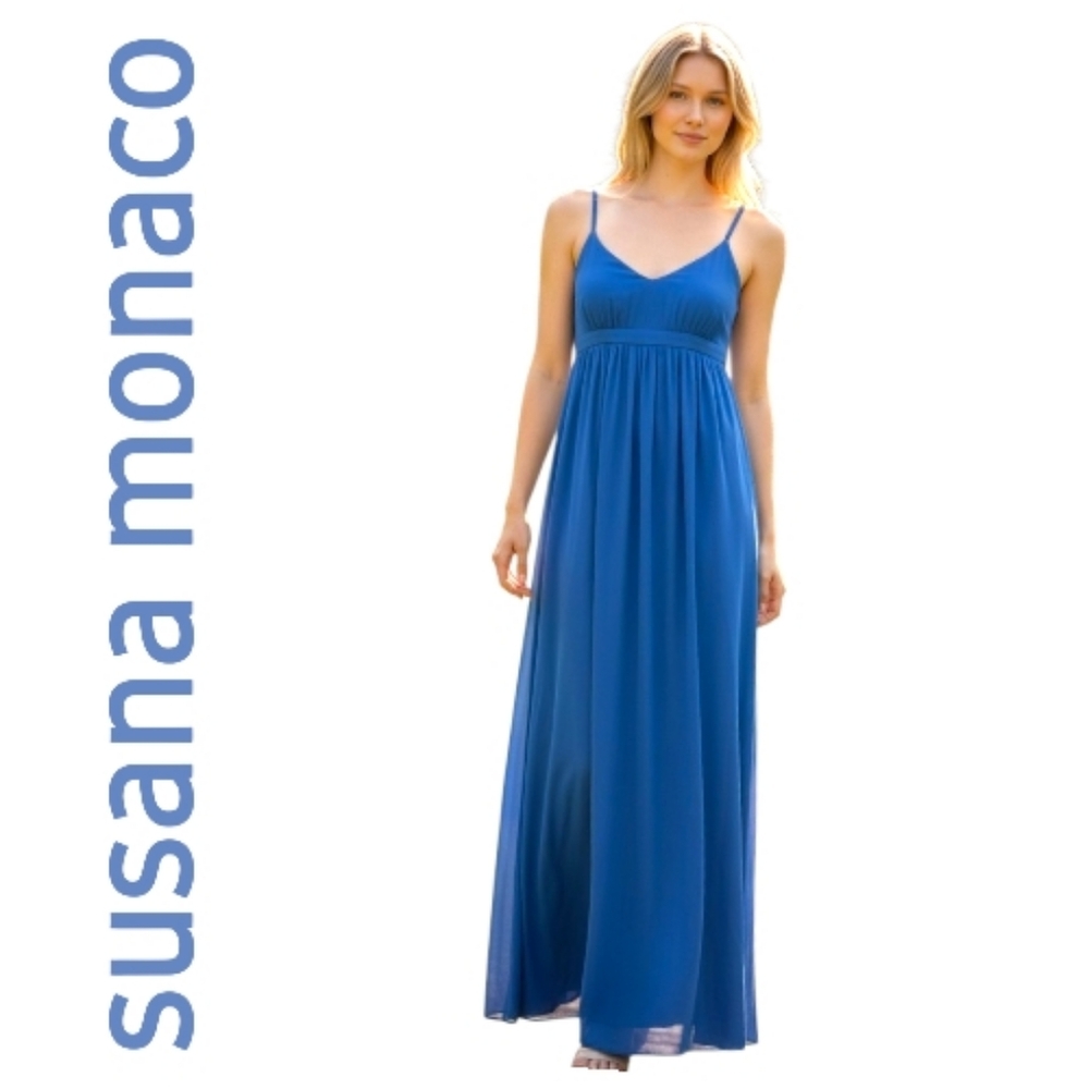 Susana Monaco Slip String Knit Maxi Dress Blue Square Neck High Waist Pockets LG